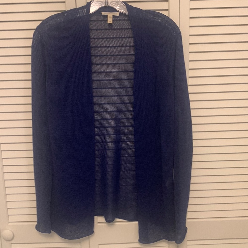 Knit mesh linen and nylon, long sleeve cardigan, size small in true purple